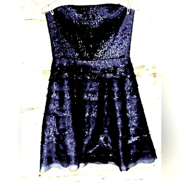 BCBGMAXAZRIA Strapless Sequin taffeta Black Cocktail prom holidays lace mini 6 - Picture 2 of 5